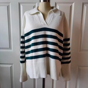 Grace + Karma Preppy Academia Cozy Chunky White Knit Green Striped Sweater Large
